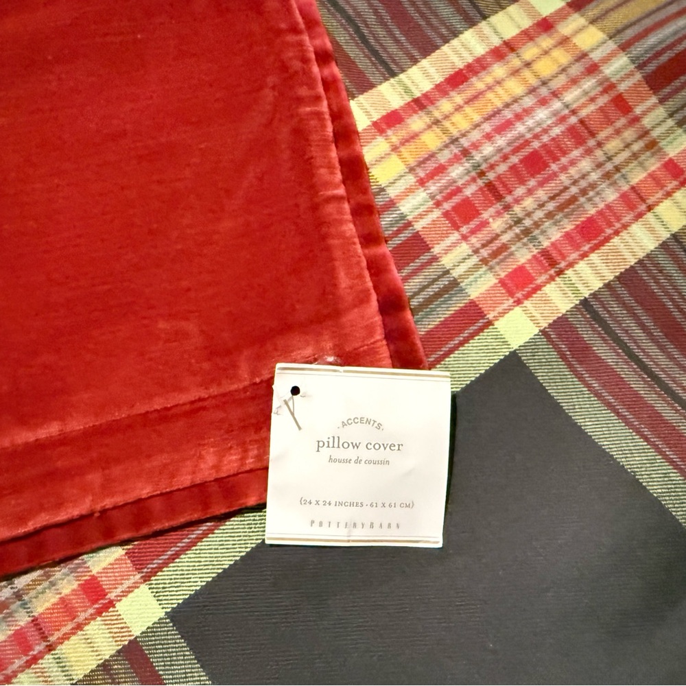 New Rare Pottery Barn ‘CODY’ Plaid/Velvet Holiday Pillow Cover, 24” 2014 #2